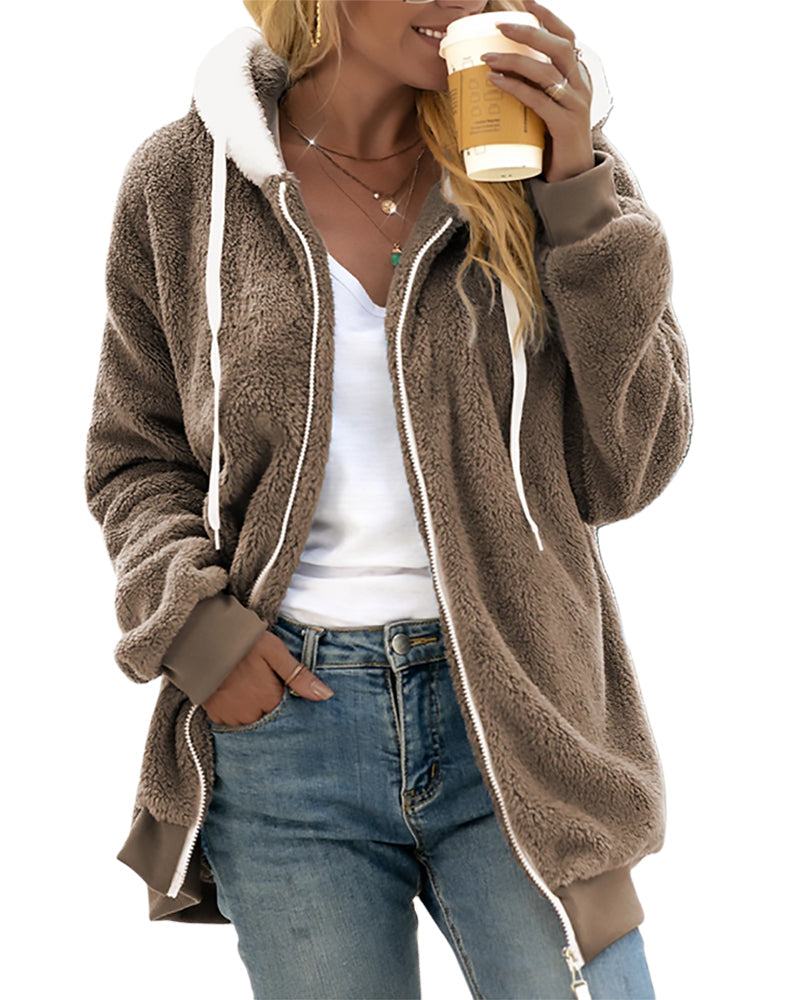 Women's grey fleece zip hoodie with ribbed trim and cozy plush fabric for cold weather layering