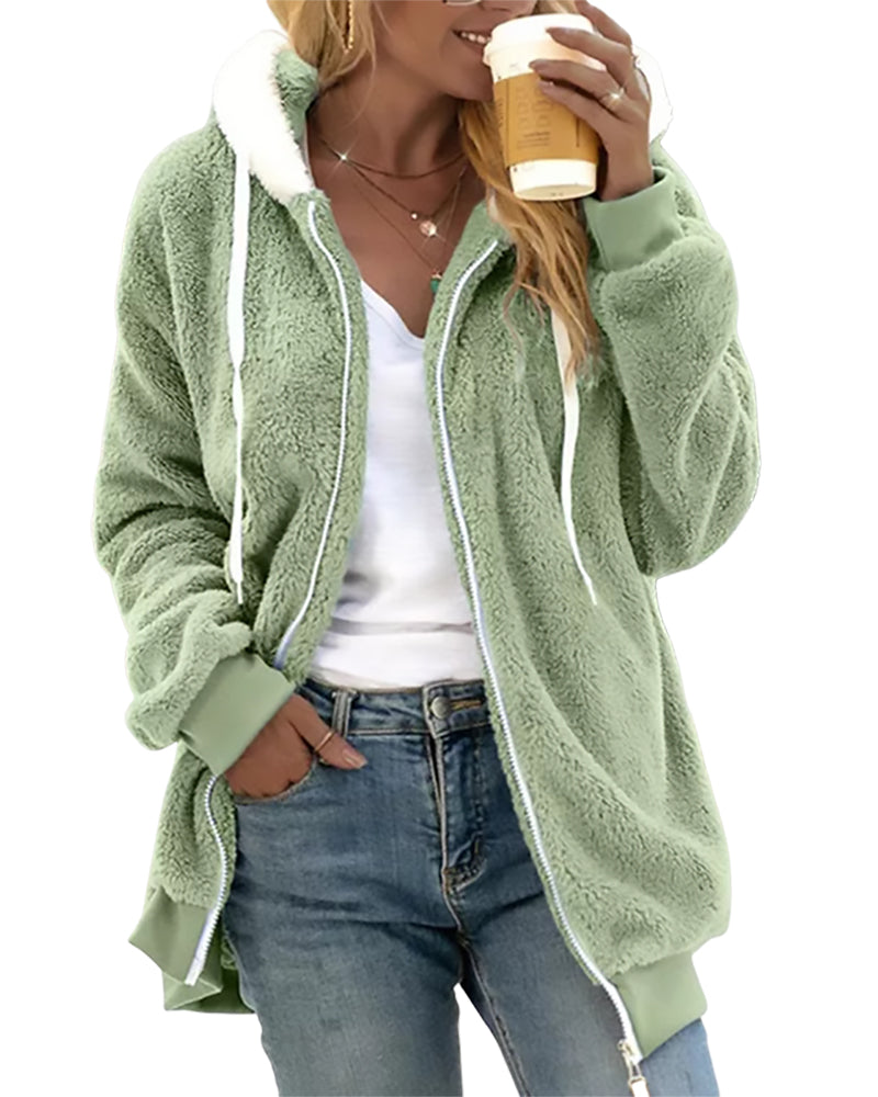 Women's grey fleece zip hoodie with ribbed trim and cozy plush fabric for cold weather layering