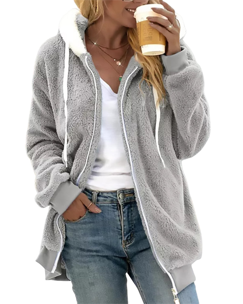 Women's gray fleece zip hoodie with ribbed trim, cozy hood, and clean zip front closure