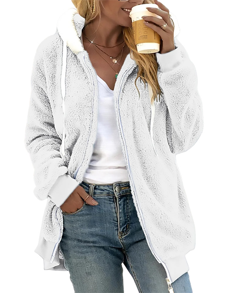 Women's grey fleece zip hoodie with ribbed trim, cozy hood, and clean front zip closure