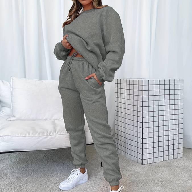 Women's gray matching sweatshirt and jogger set relaxed loungewear two-piece coordinated outfit