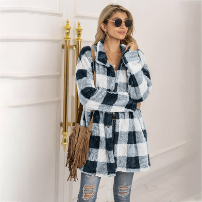 Women's longline colorblock plaid fleece coat cozy warm winter essential bold pattern