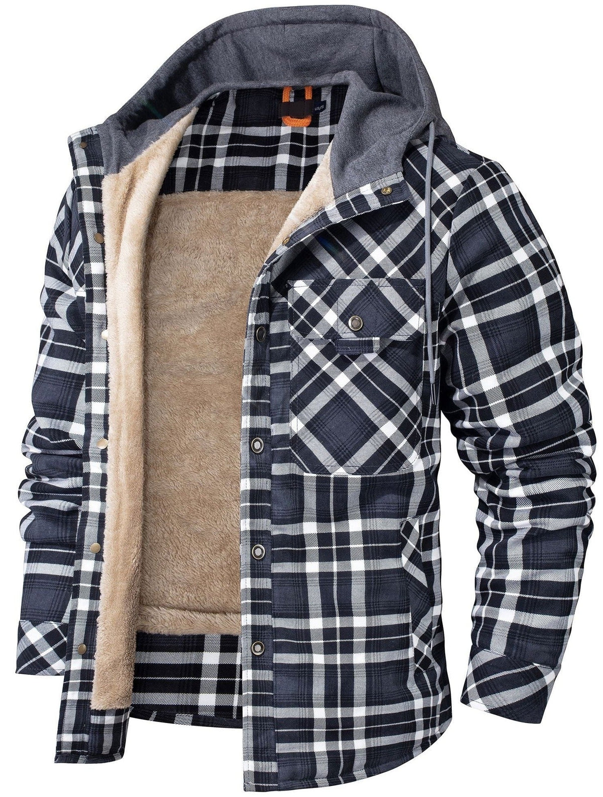 Men's plaid hoodie jacket warm fleece-lined winter coat with button-up design in classic pattern