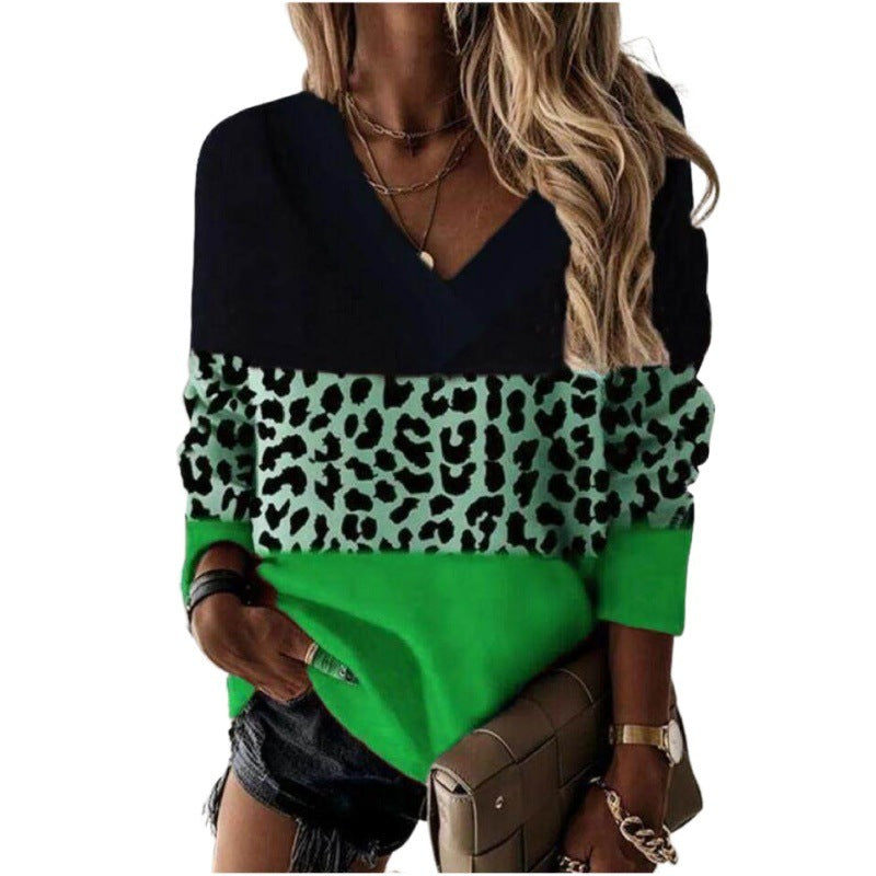 Unisex leopard print V-neck knit pullover sweater with long sleeves, casual tailored fit