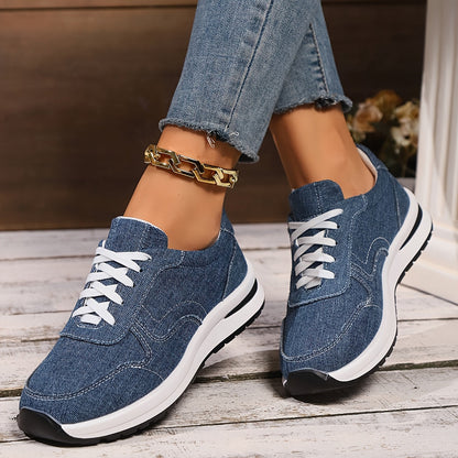 Blue denim comfort sneakers wide toe box slip-on style with cushioned comfort support