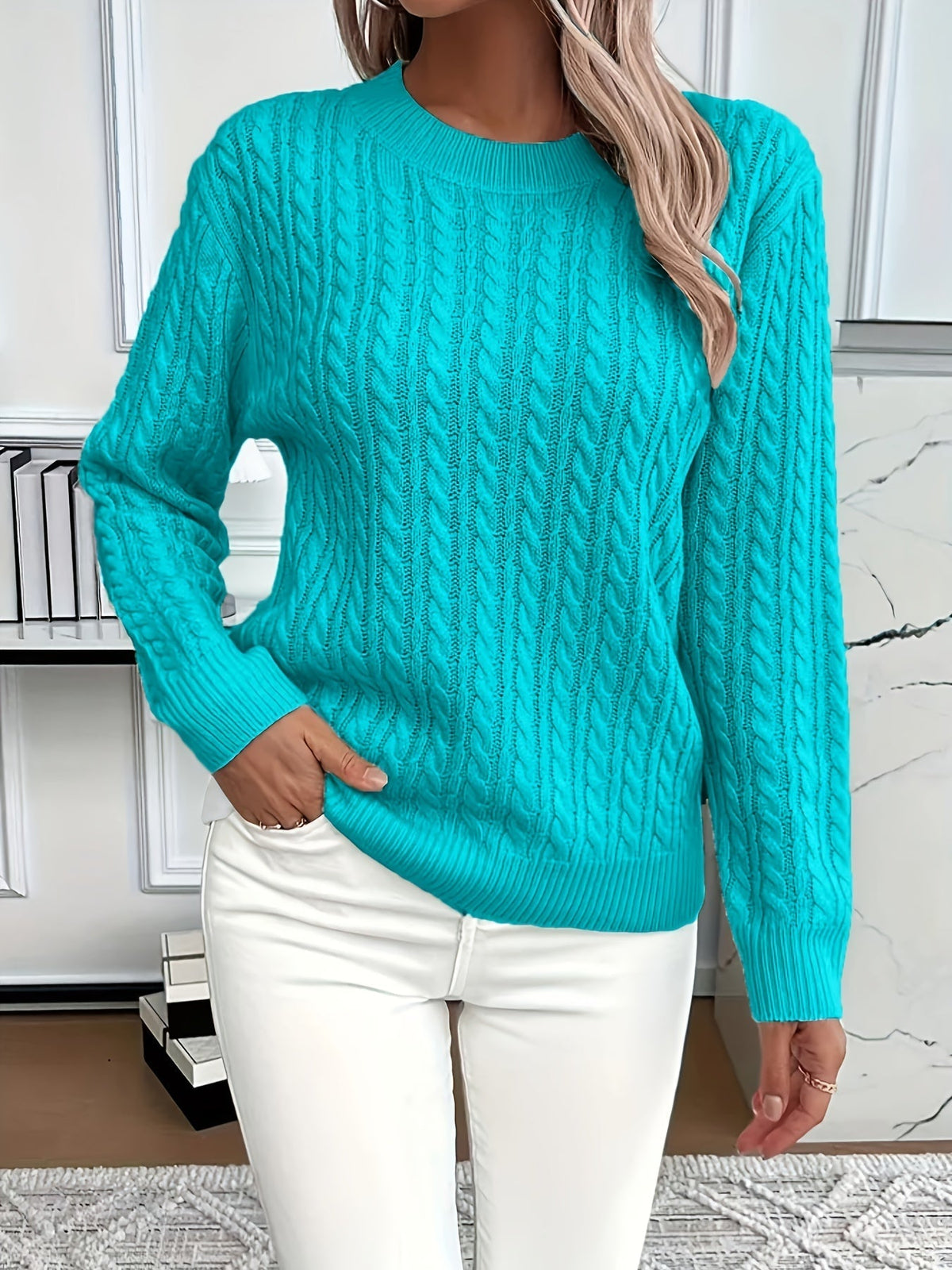 White women's cable knit jumper relaxed fit with intricate textured pattern for cozy everyday style