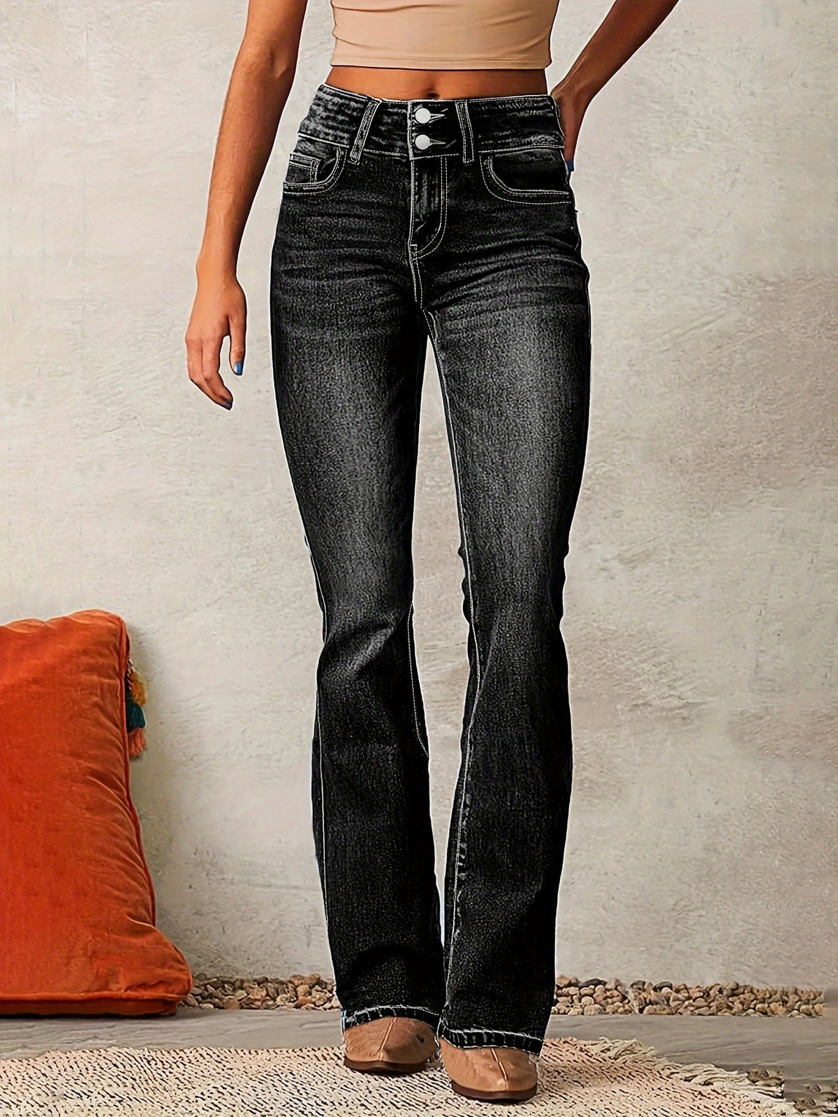 Women's high waist flare bootcut pants winter-weight denim retro silhouette leg-elongating cut