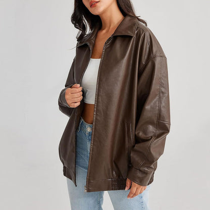 Women's oversized black leather jacket relaxed fit streetwear style with smooth zip-up front