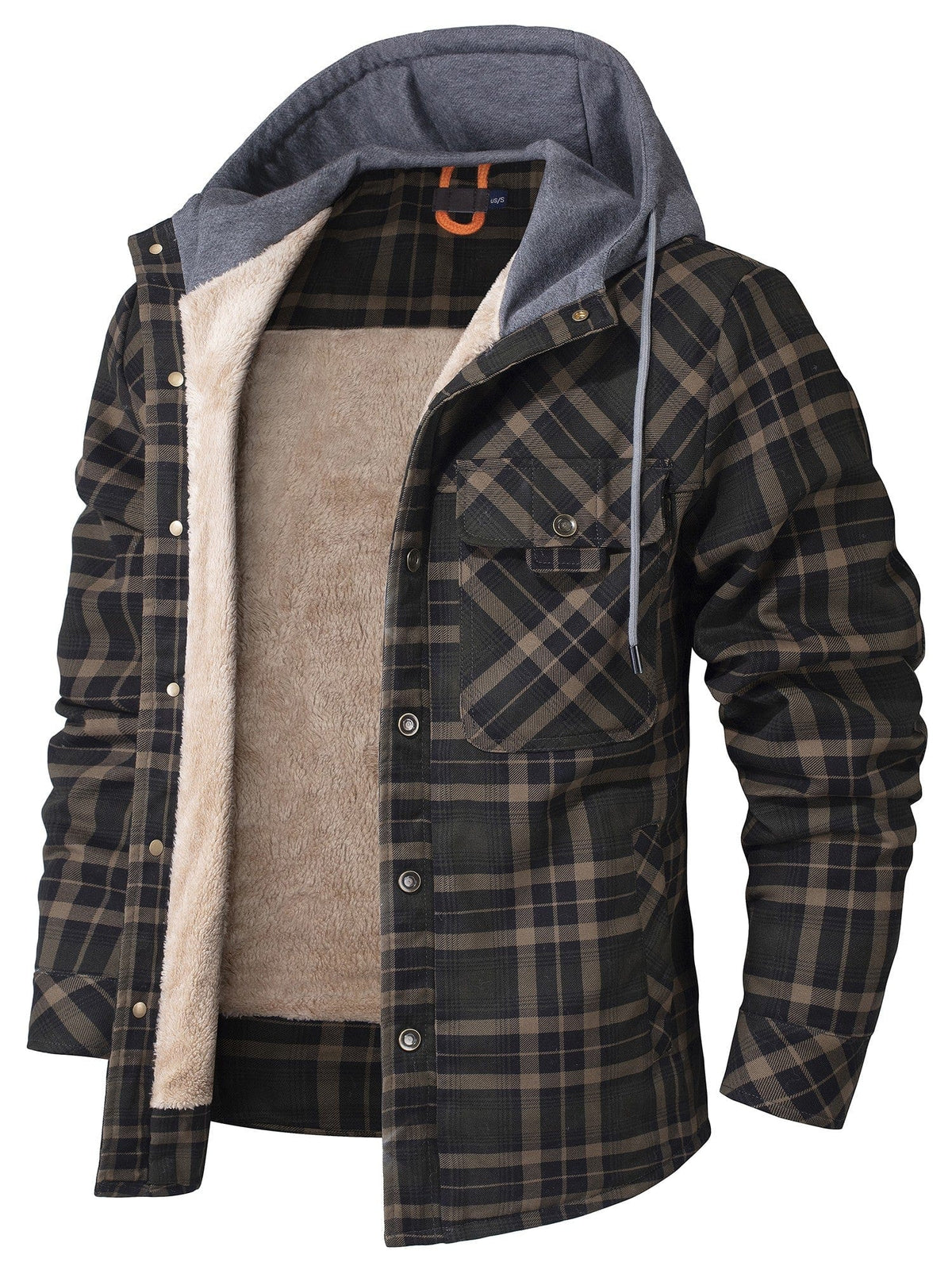 Men's plaid hoodie jacket warm fleece lined button-up winter coat casual rugged style