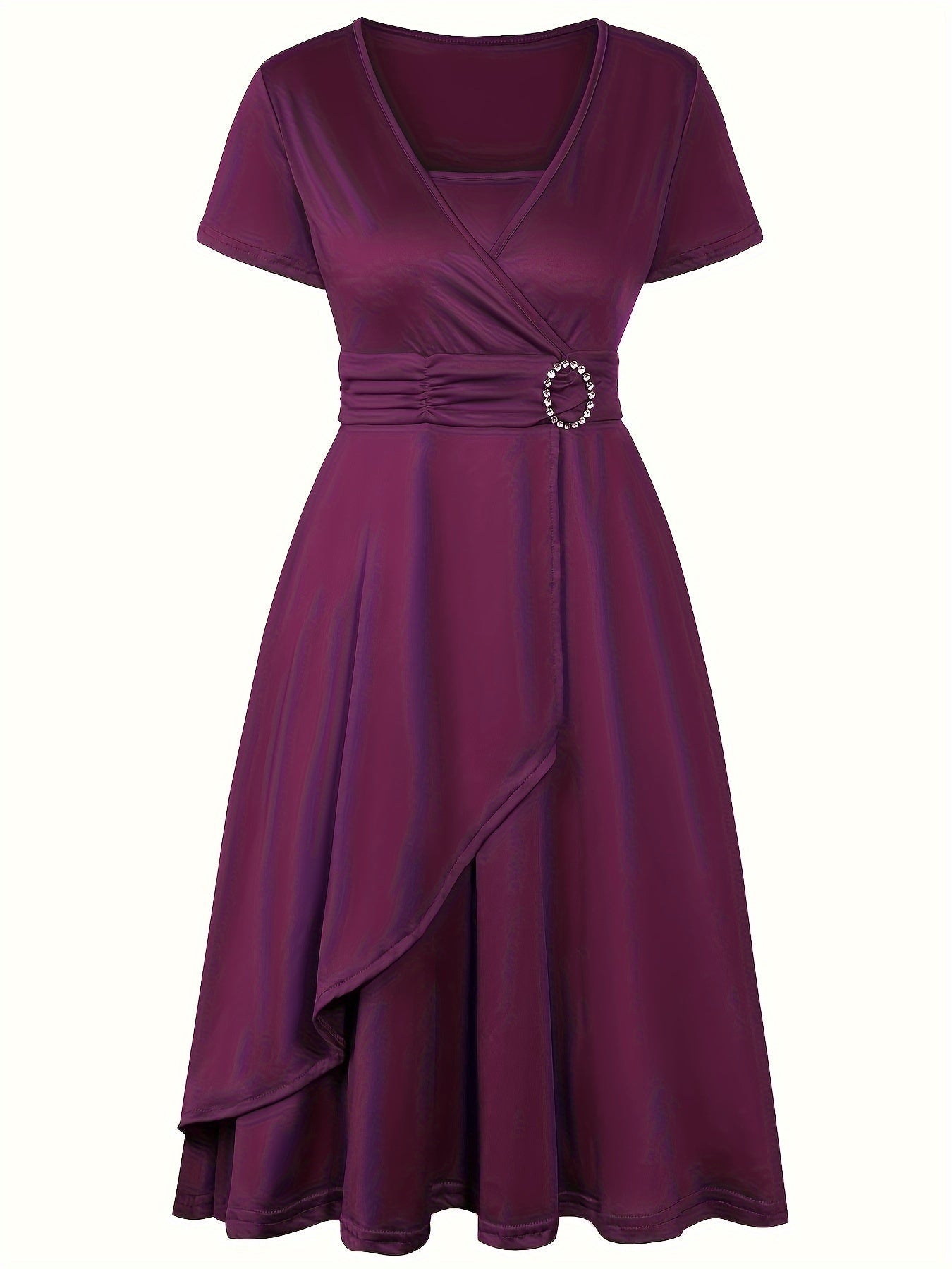 Women's deep navy wrap dress with V-neck, short sleeves, and elegant waist-cinching detail