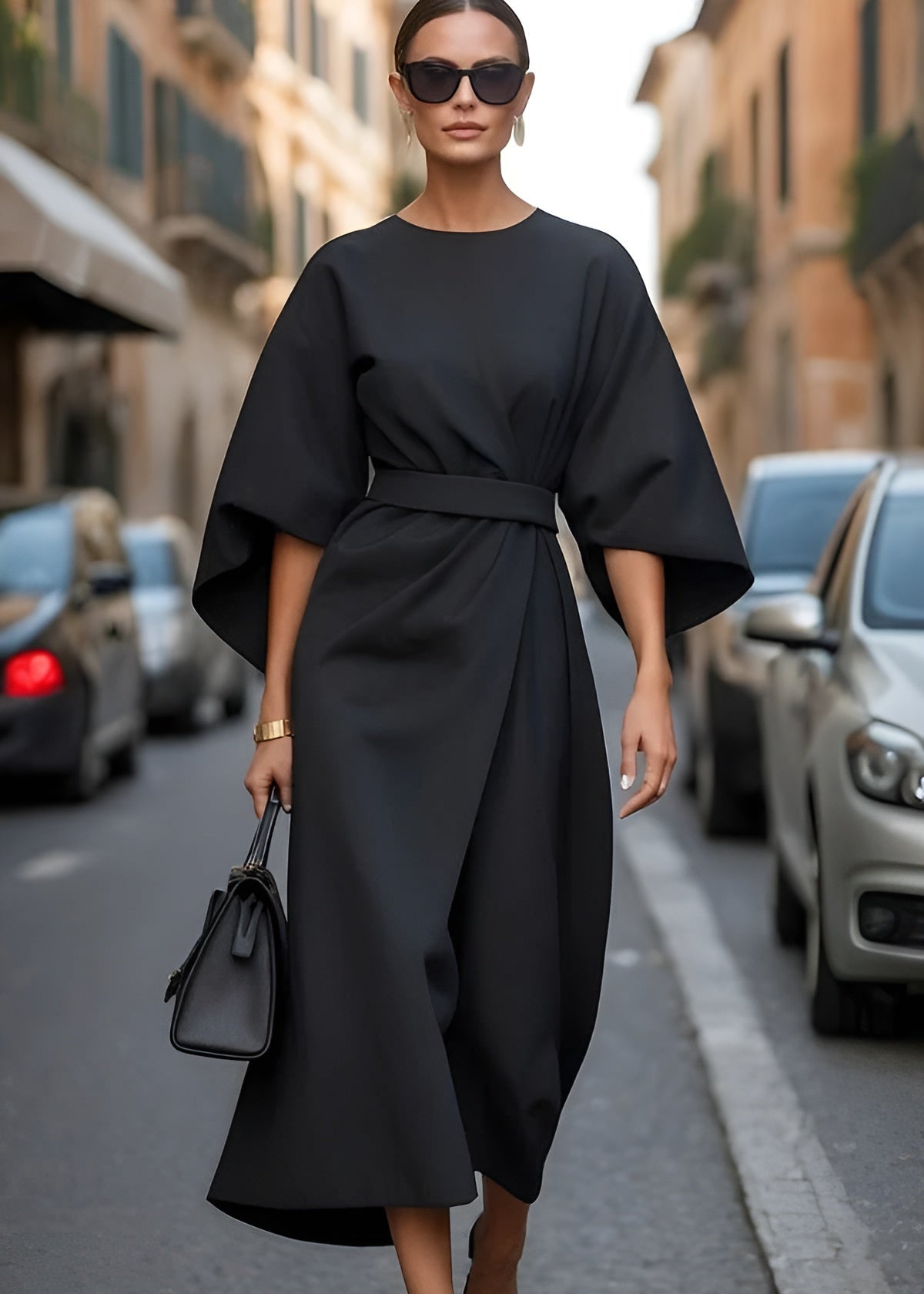 Flowy belted maxi dress with kimono sleeves and tie waist for a relaxed elegant silhouette