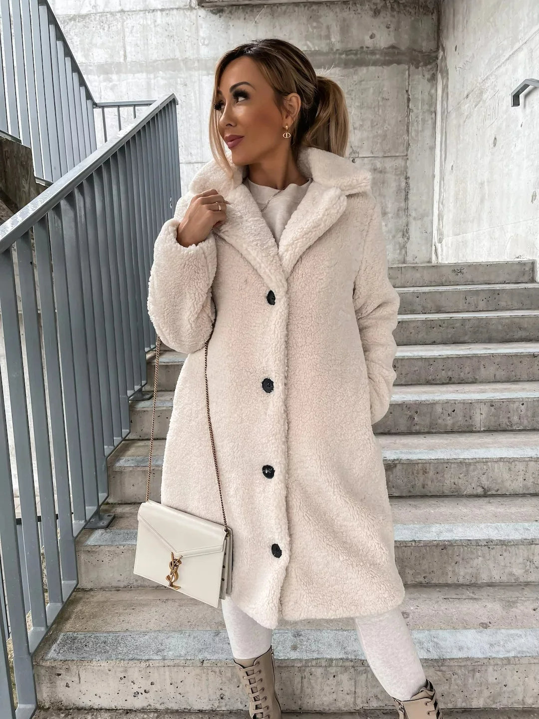 Women's elegant plush trench coat in cozy polyester with timeless silhouette and cloud-soft warmth