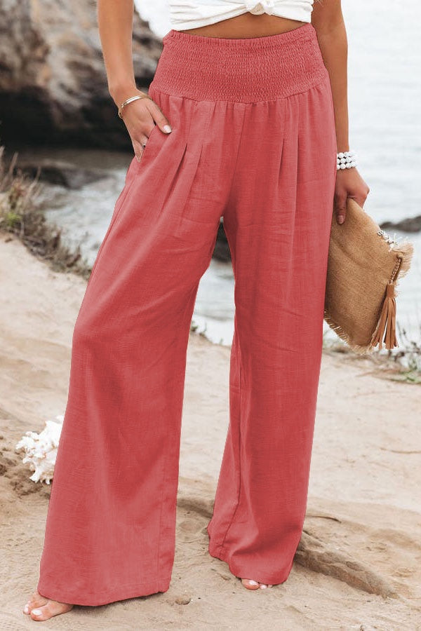 Women's wide leg vacation trousers in a breezy flowing silhouette with comfortable high-rise elastic waistband