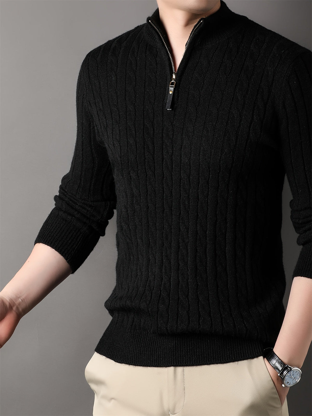 Men's ribbed cable knit half-zip winter sweater in classic neutral tones for warm everyday comfort