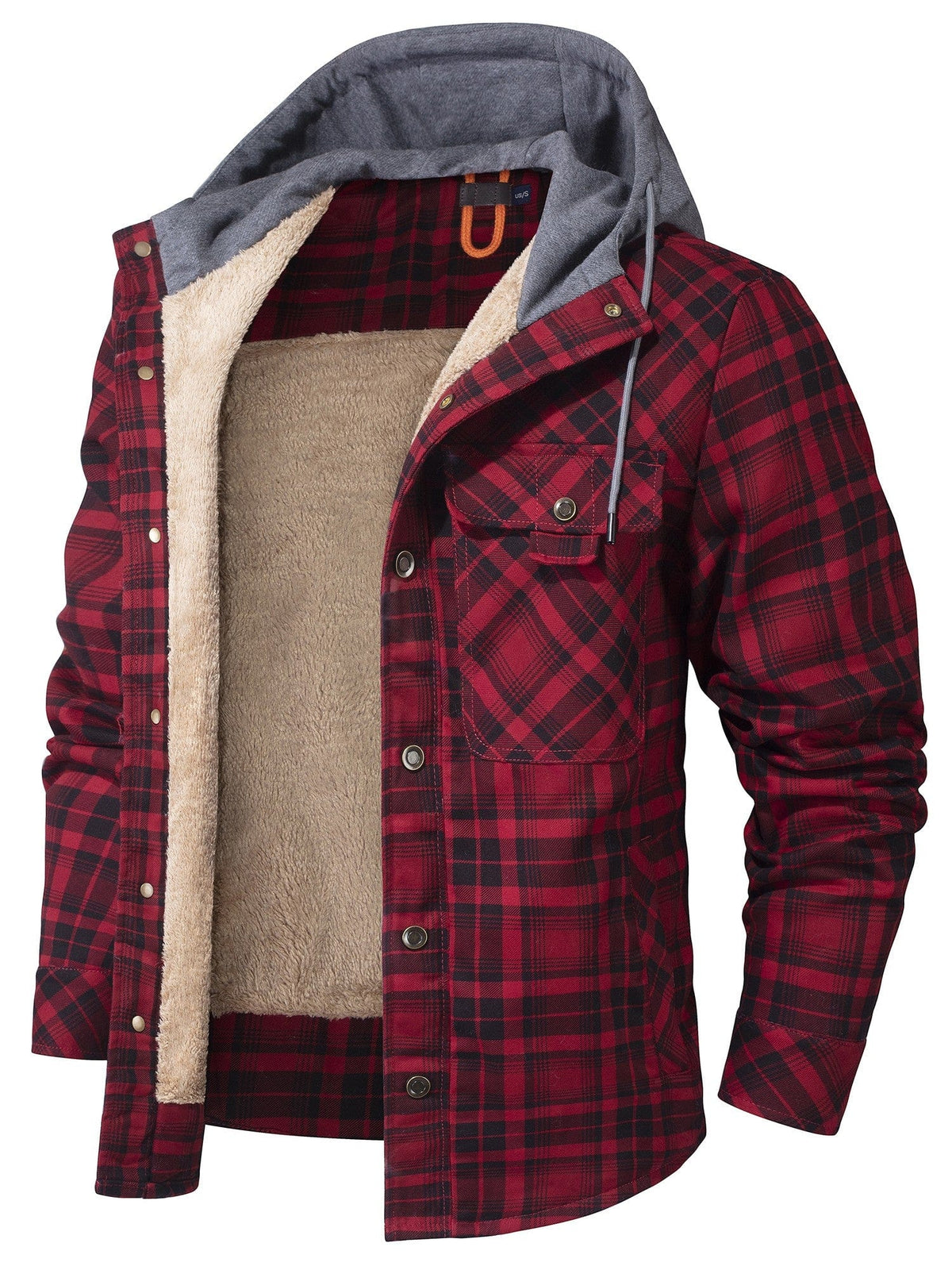Men's plaid hoodie jacket warm fleece-lined winter coat button-up design casual rugged style