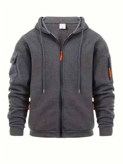 Men's lightweight gray zip-up hoodie with full-length zipper and functional pockets
