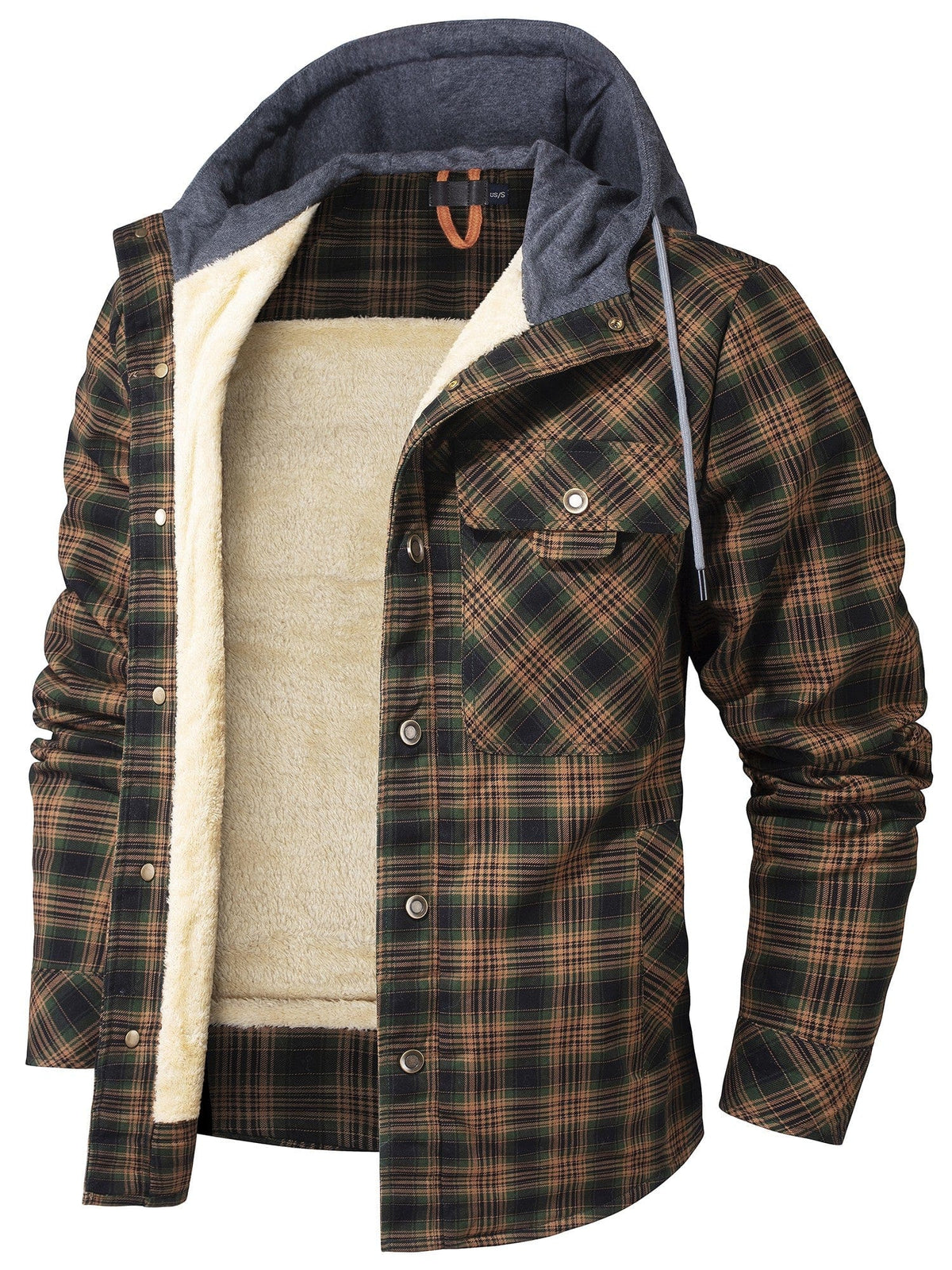 Men's plaid hoodie jacket warm fleece-lined winter coat with button-up design in classic pattern