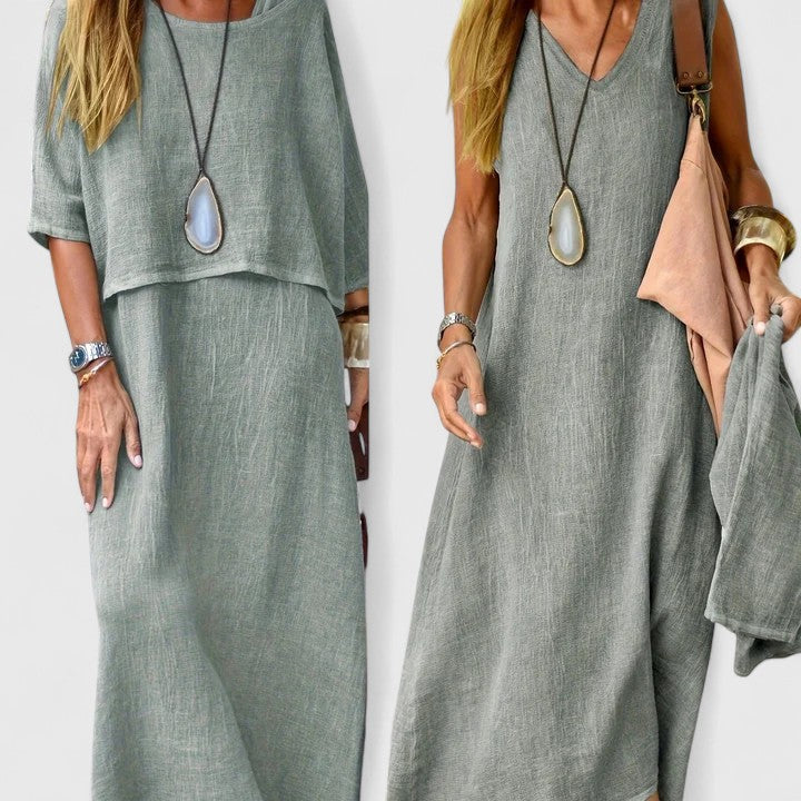 Women's oatmeal linen two-piece set maxi dress with short sleeve layering top relaxed fit