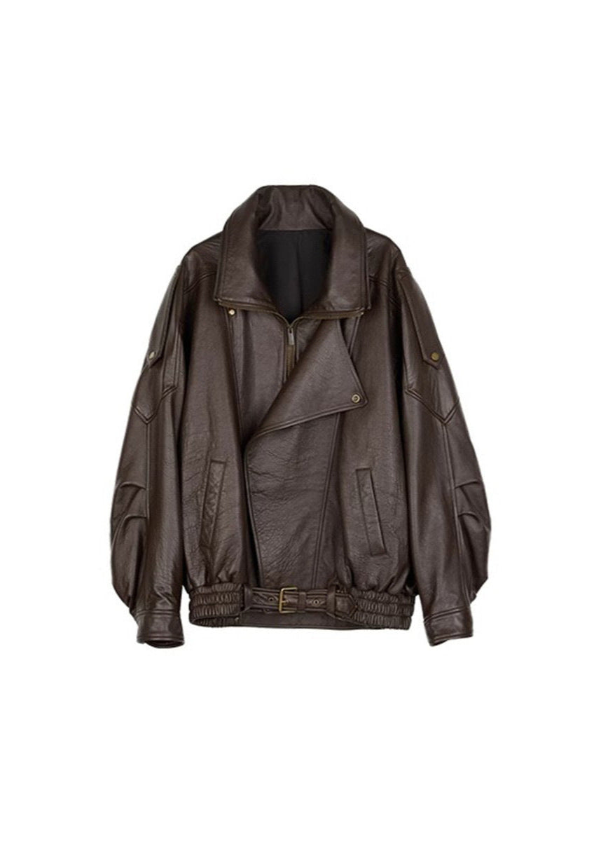 Women's black oversized leather bomber jacket with belted waist and dropped shoulders bold statement outerwear