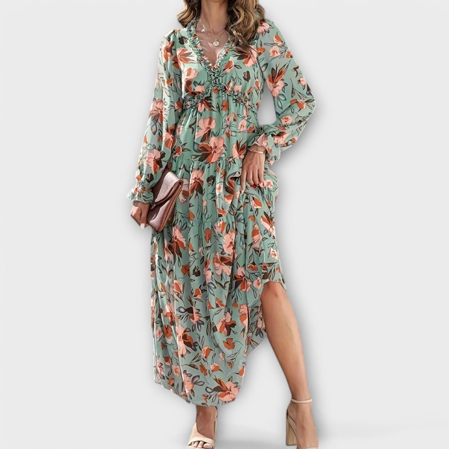 Floral V-neck maxi dress in romantic print, flowing silhouette with flattering fit for effortless elegance