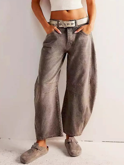 Women's wide leg loose fit jeans in leopard print, casual winter style with relaxed silhouette