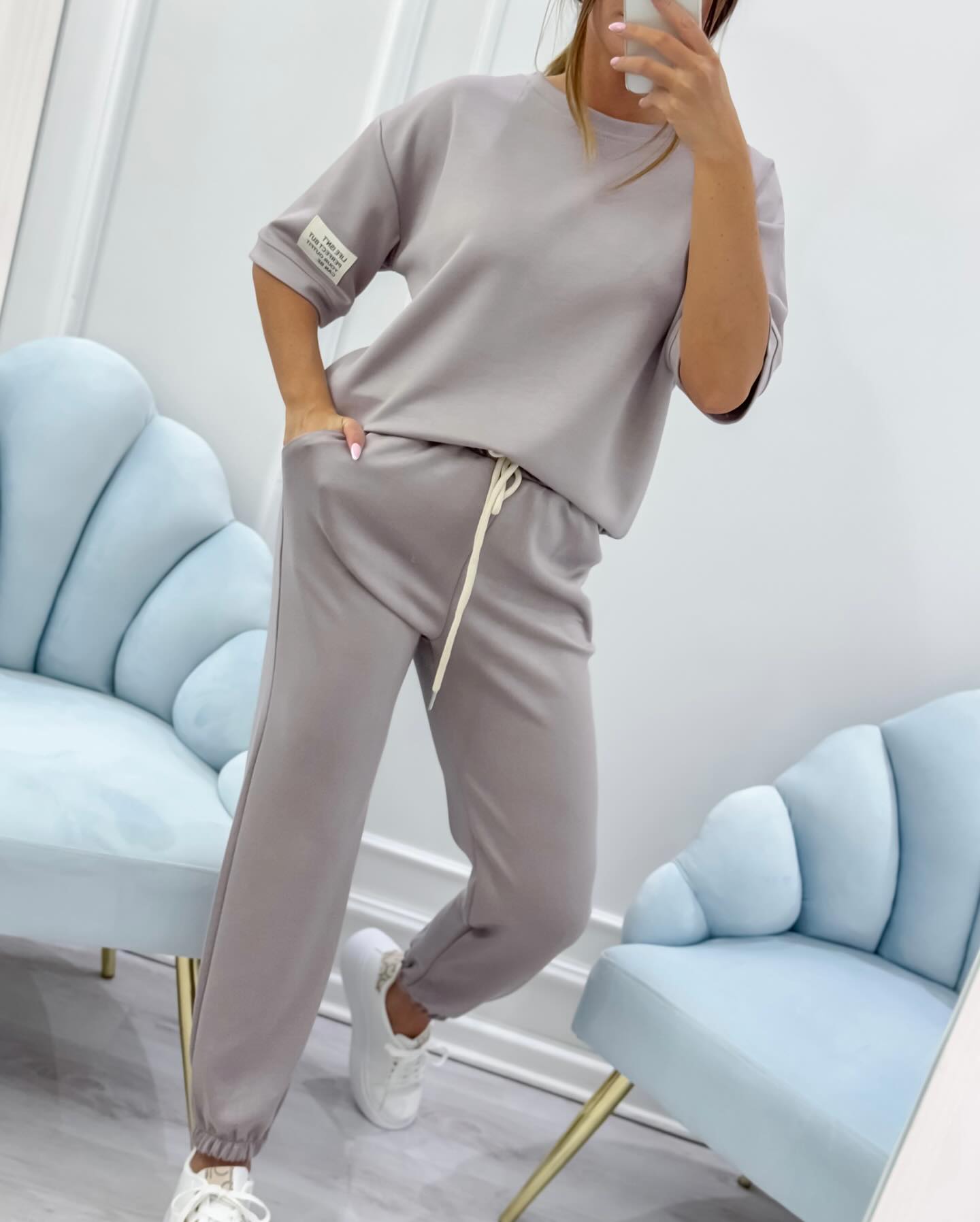 Daisy lightweight short sleeve matching set in neutral tones, relaxed casual fit with breathable fabric