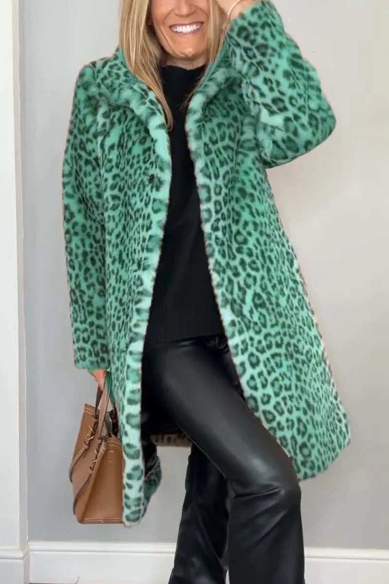 Unisex mid-length leopard print faux fur coat, soft plush texture, cozy fashion-forward silhouette