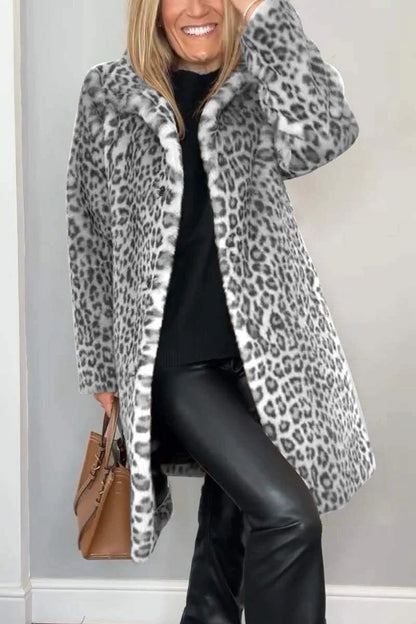 Unisex mid-length leopard print faux fur coat with soft plush texture and cozy stretch fit