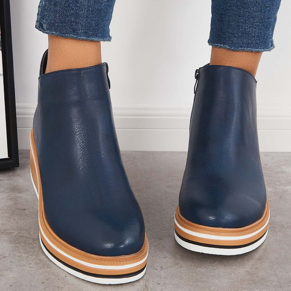 Women's black platform ankle boots slim fit with side zipper closure and non-slip sole