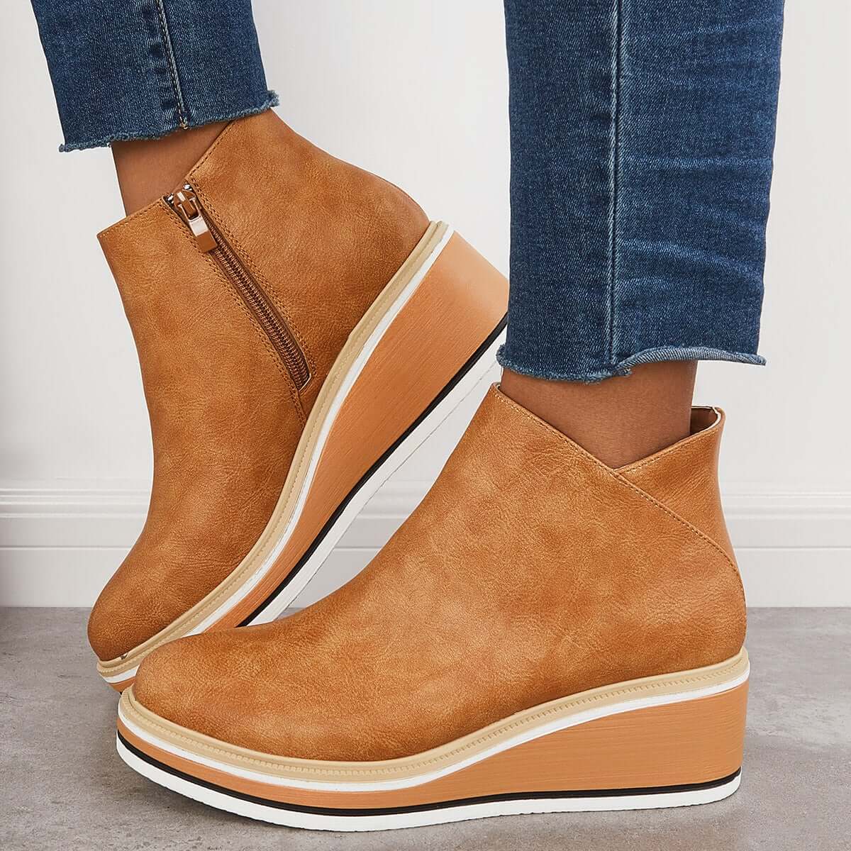 Women's black platform ankle boots slim fit silhouette with side zipper closure and non-slip sole
