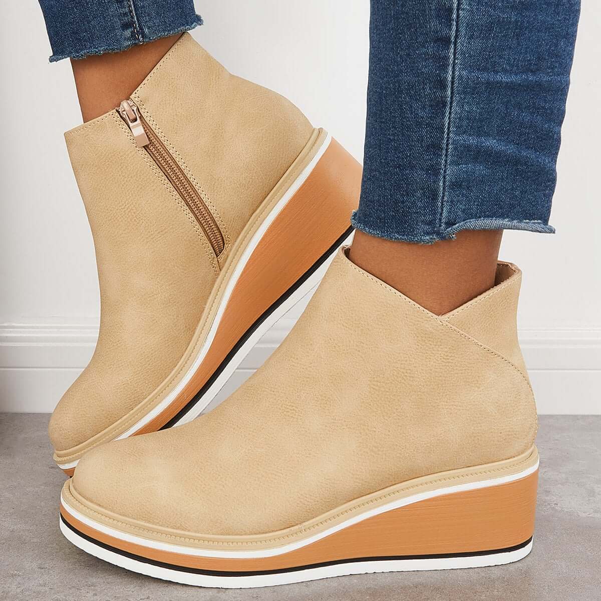 Women's black platform ankle boots slim fit silhouette with side zipper closure non-slip sole