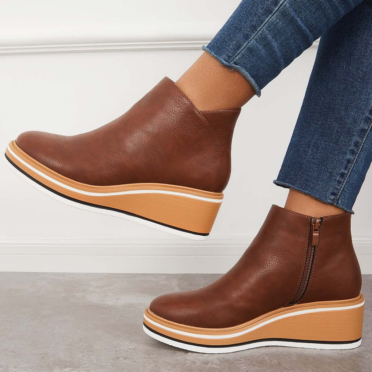 Women's black platform ankle boots slim fit side zipper closure non-slip sole stylish comfort