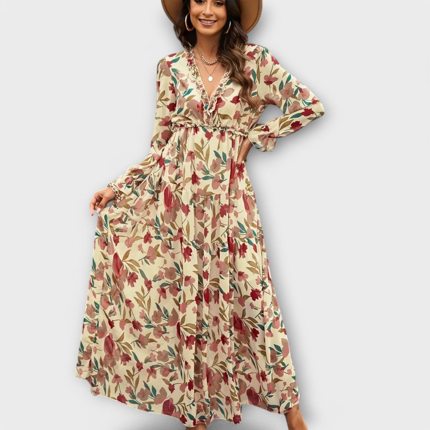Floral v-neck maxi dress in romantic print, flowing silhouette with flattering fit for garden parties