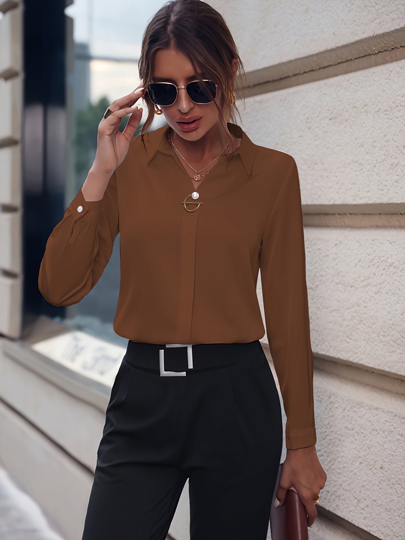 Women's elegant lightweight long sleeve blouse with shirt collar and hidden button closure