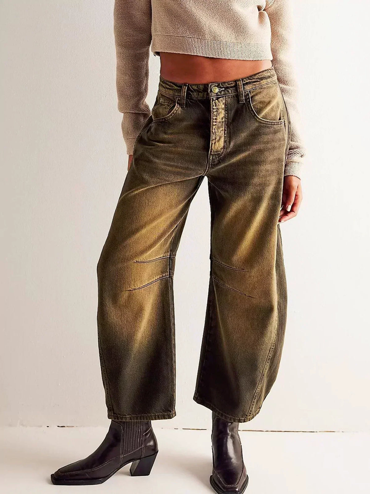 Women's wide leg loose fit jeans with bold leopard print pattern for casual winter style