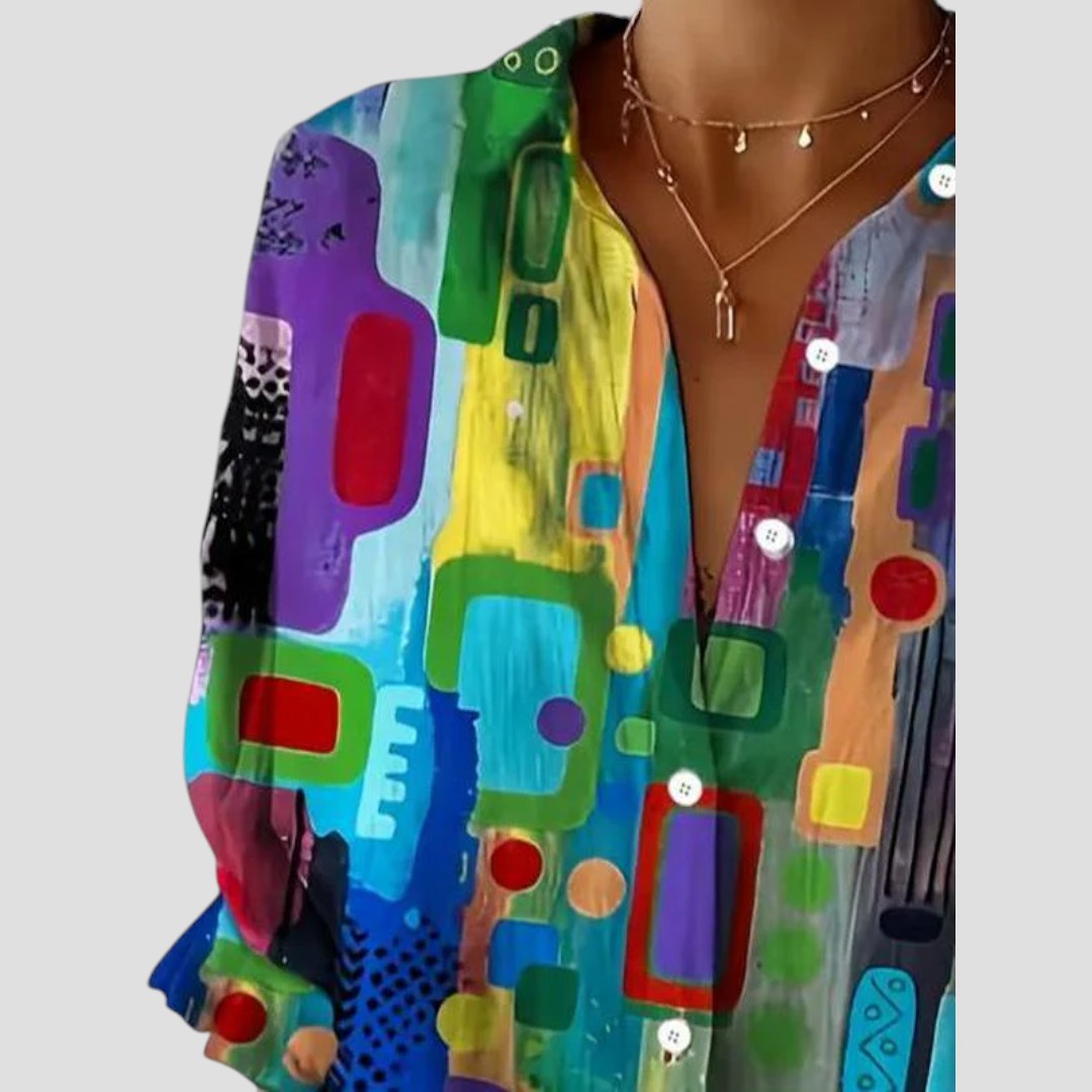 Elegant women's blouse geometric print fluid cut lightweight sophisticated contemporary style