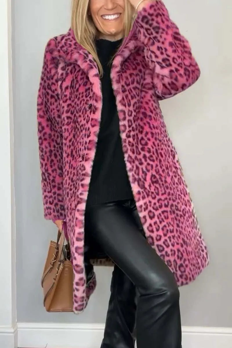 Unisex mid-length leopard print faux fur coat with soft plush texture and cozy stretch fit