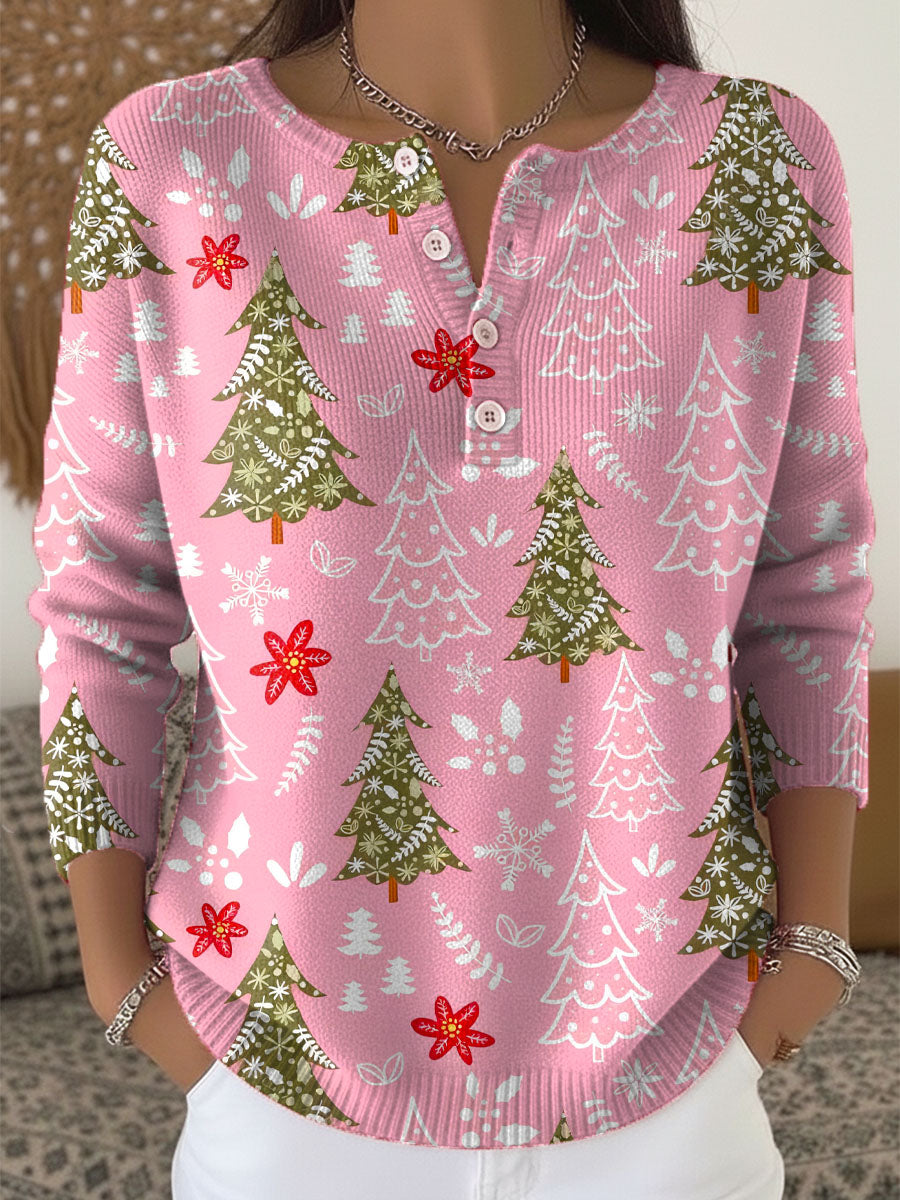 Red Christmas sweater with button-front closure, cozy festive knit design and flattering silhouette