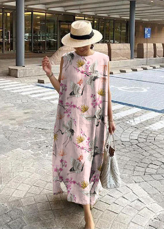 Bohemian white floral linen-cotton maxi dress with side slit, relaxed one-size fit