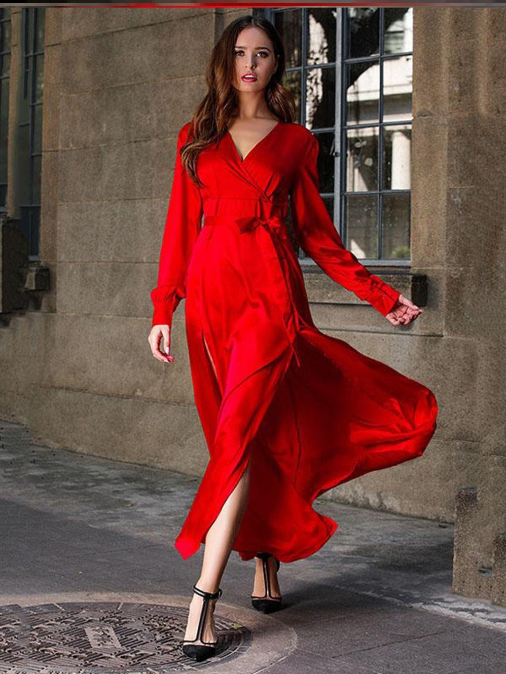 Elegant women's maxi dress, V-neck wrap design, long sleeves, high slit, flowy silhouette