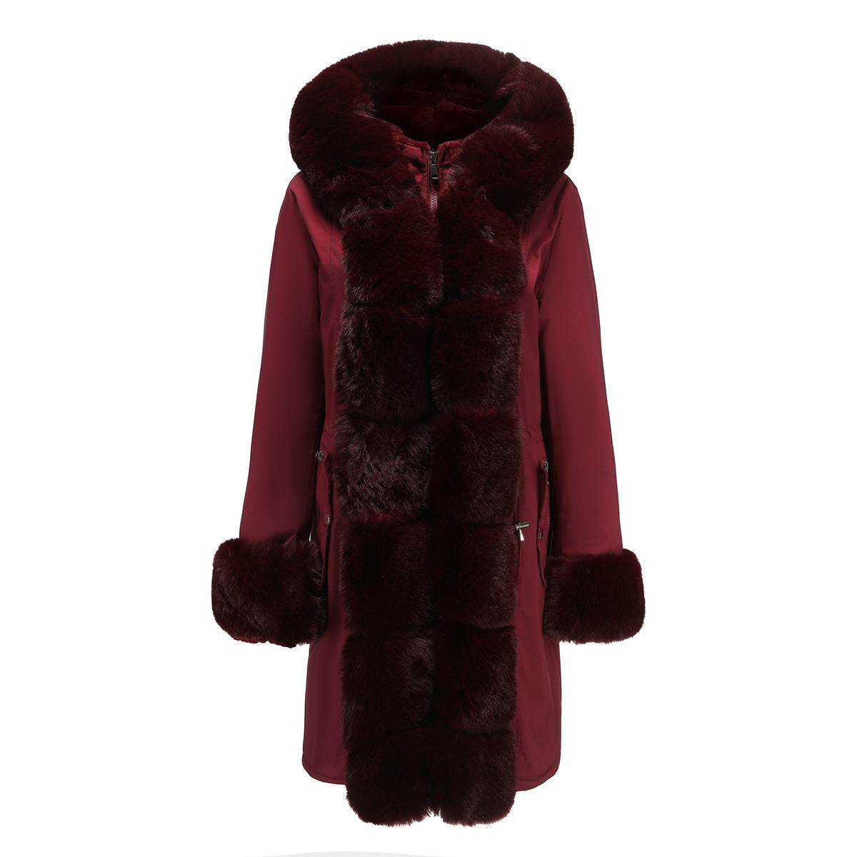 Women's mid-length black quilted parka with detachable faux fur collar, elegant insulated winter coat