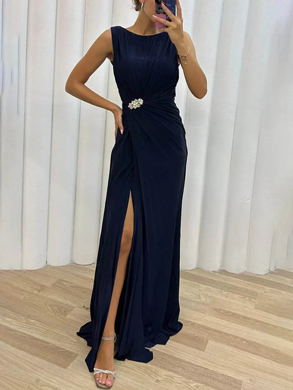 Women's pleated maxi dress in freesia purple, elegant wedding guest evening gown with defined waist