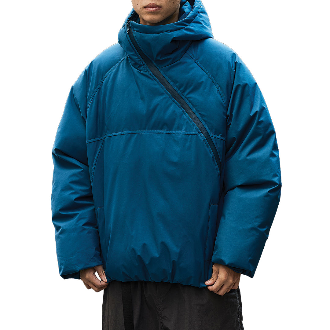 Black asymmetric puffer coat with attached hood and off-center zipper closure loose fit