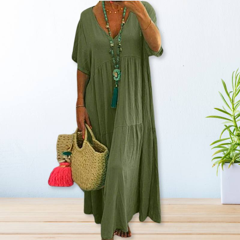 Women's elegant draped dress in natural tones with graceful silhouette and breathable relaxed fit