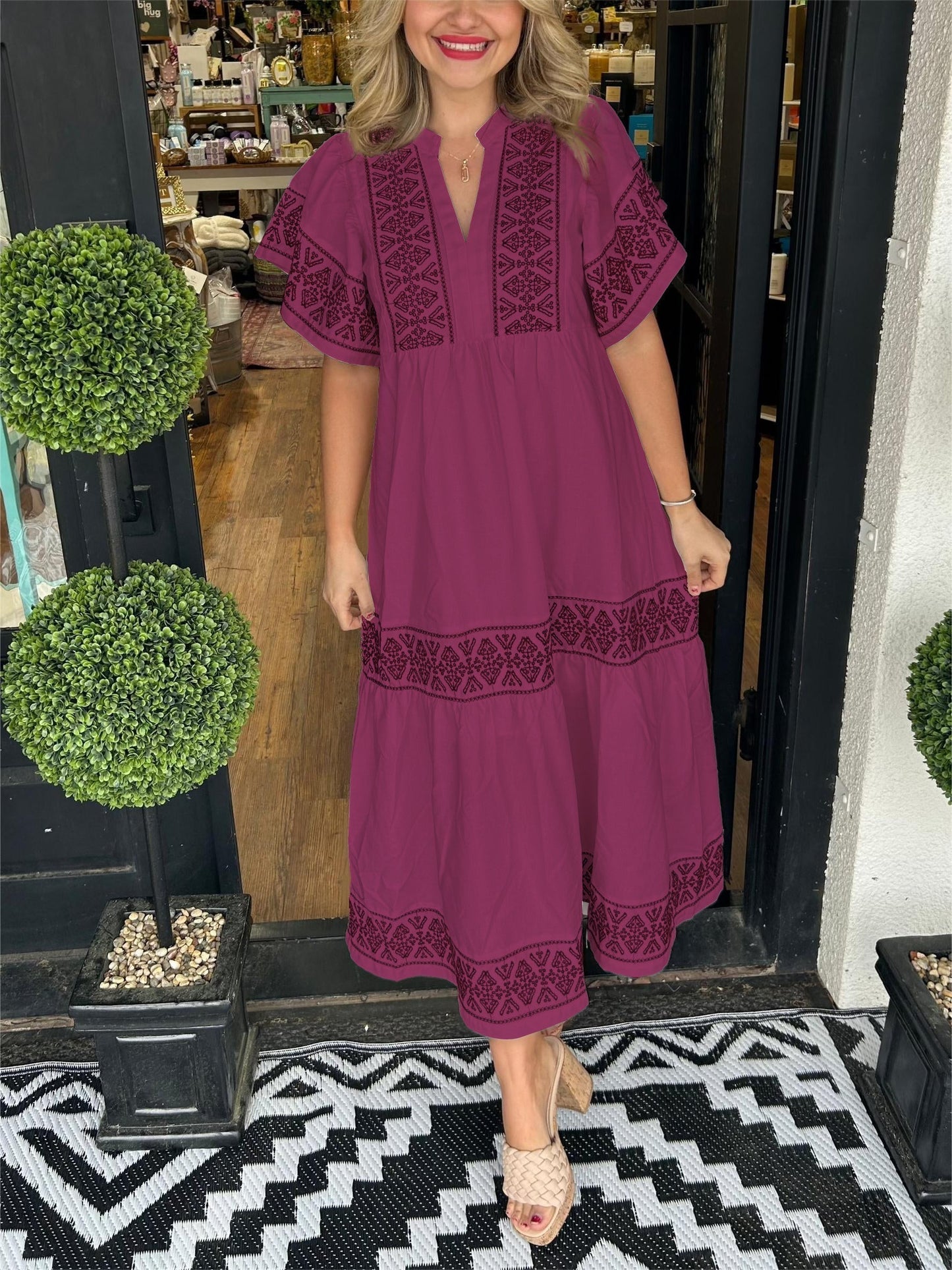 Women's boho flowy loose fit dress with tummy control in soft draped silhouette