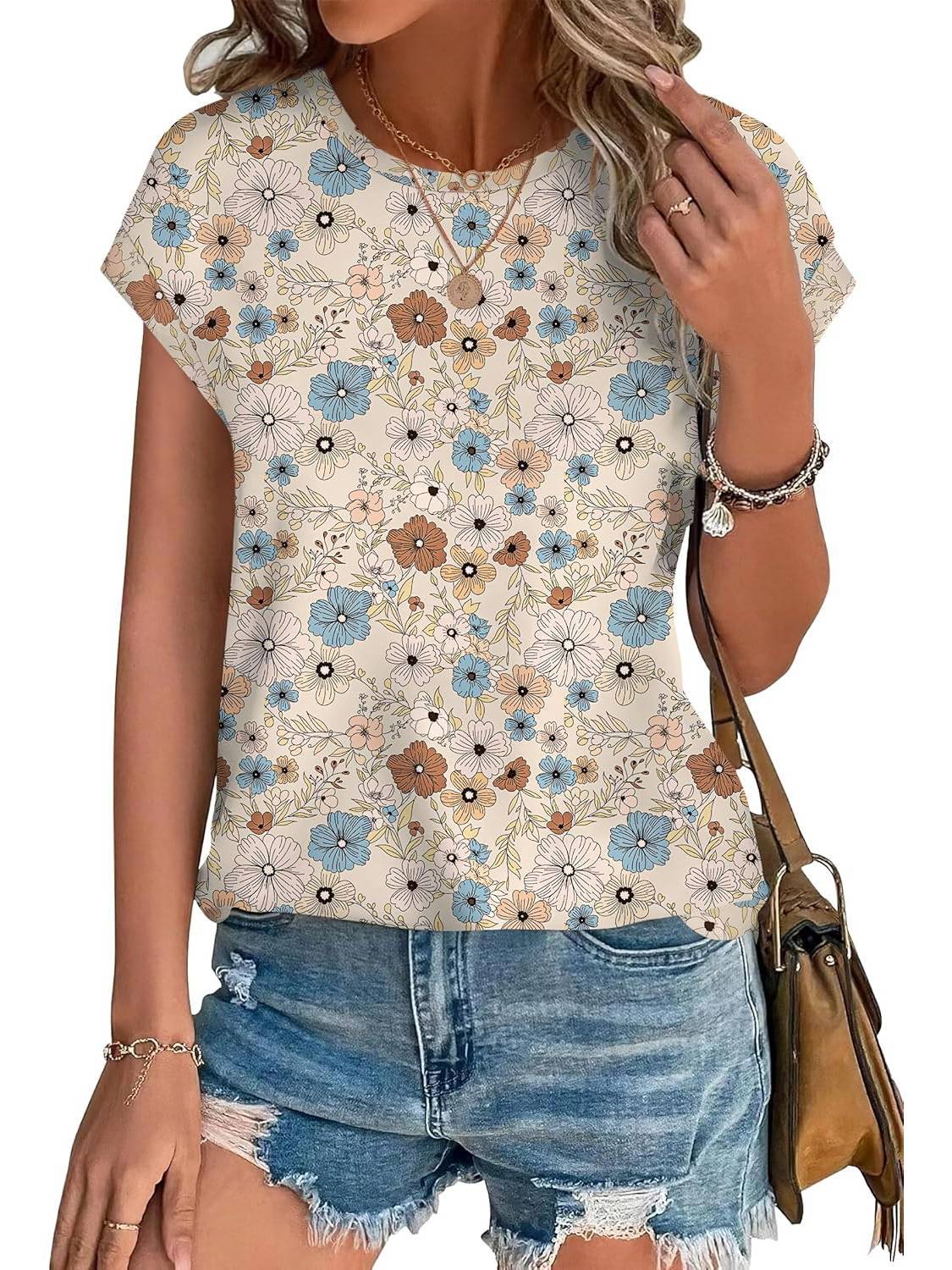 Women's leaf print crew neck cap sleeve top in sage, blue, terracotta watercolor botanical pattern