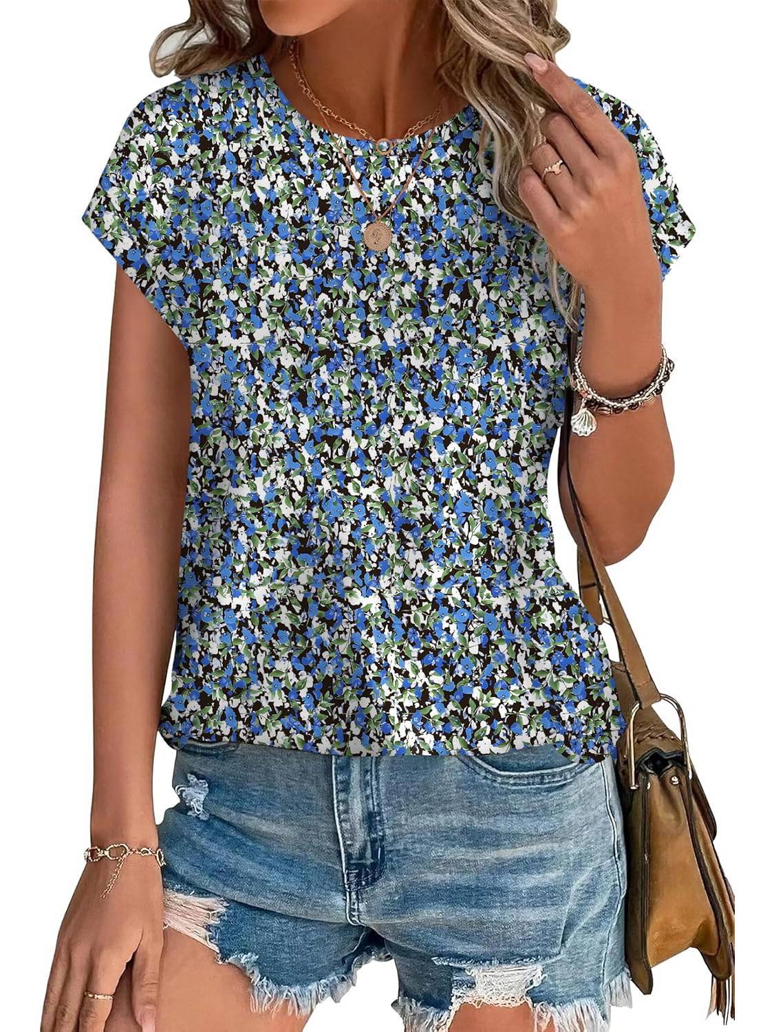 Women's leaf print crew neck cap sleeve top in sage, dusty blue, and terracotta watercolor botanical print