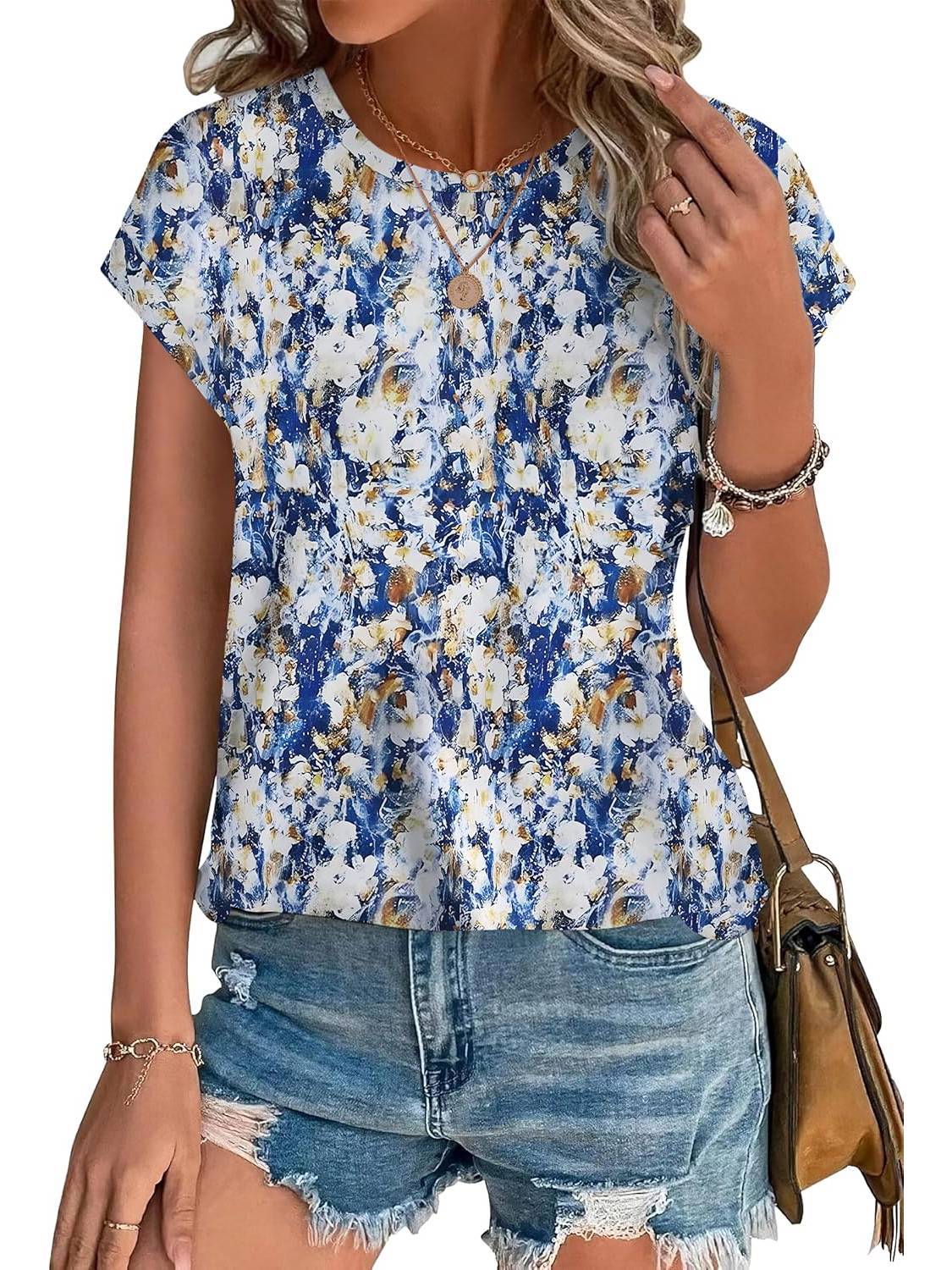 Women's leaf print crew neck cap sleeve top in sage, blue, and terracotta watercolor botanical design