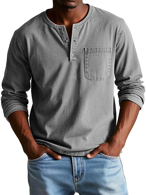 Men's classic indigo Henley shirt long sleeve with 3-button placket, casual relaxed fit for everyday wear