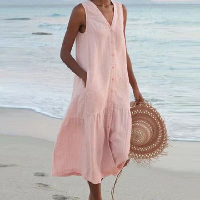 Sleeveless buttoned midi dress slimming silhouette elegant minimalist style front button detail